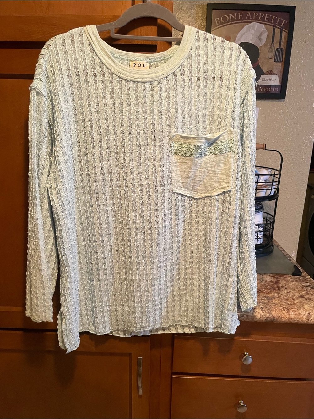 POL Pale Mint Open-Knit Long Sleeve Top